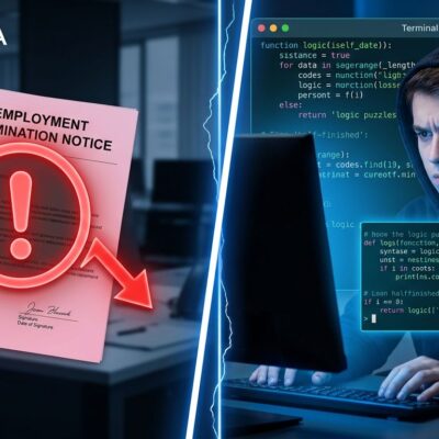 Split-screen showing a layoff notice on the left and a junior developer at a terminal on the right, representing the AI layoff wave hitting developer jobs in 2026