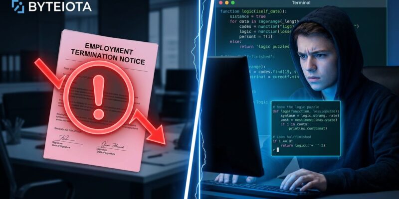 Split-screen showing a layoff notice on the left and a junior developer at a terminal on the right, representing the AI layoff wave hitting developer jobs in 2026