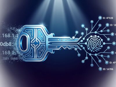 Cryptographic key transforming into a peer-to-peer network topology, representing Iroh 1.0's key-based device addressing