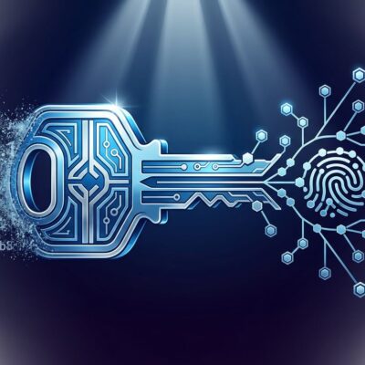 Cryptographic key transforming into a peer-to-peer network topology, representing Iroh 1.0's key-based device addressing