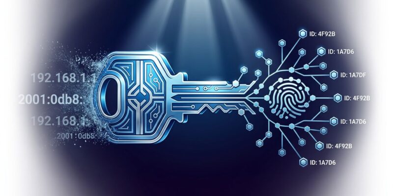 Cryptographic key transforming into a peer-to-peer network topology, representing Iroh 1.0's key-based device addressing