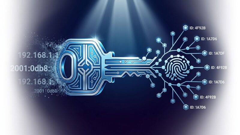Cryptographic key transforming into a peer-to-peer network topology, representing Iroh 1.0's key-based device addressing