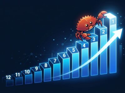 Rust programming language Ferris crab climbing TIOBE ranking chart showing all-time high position 12