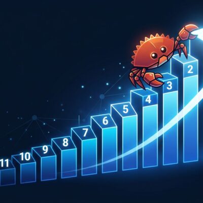 Rust programming language Ferris crab climbing TIOBE ranking chart showing all-time high position 12