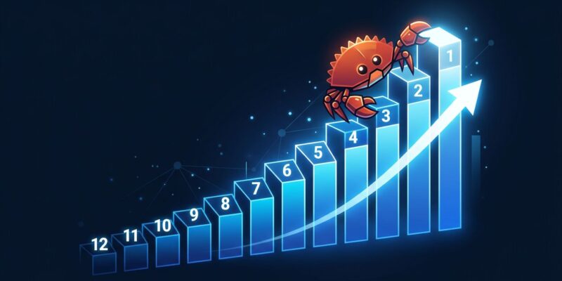 Rust programming language Ferris crab climbing TIOBE ranking chart showing all-time high position 12