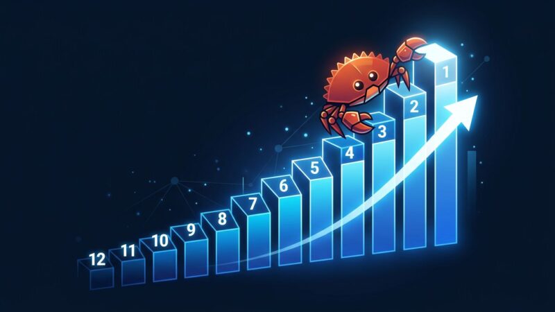 Rust programming language Ferris crab climbing TIOBE ranking chart showing all-time high position 12