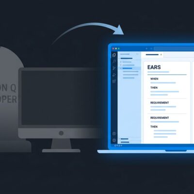 Split illustration showing Amazon Q Developer shutdown on the left and Kiro spec-driven IDE interface on the right with a migration arrow