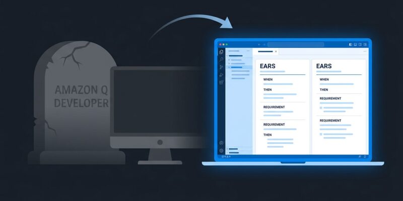 Split illustration showing Amazon Q Developer shutdown on the left and Kiro spec-driven IDE interface on the right with a migration arrow