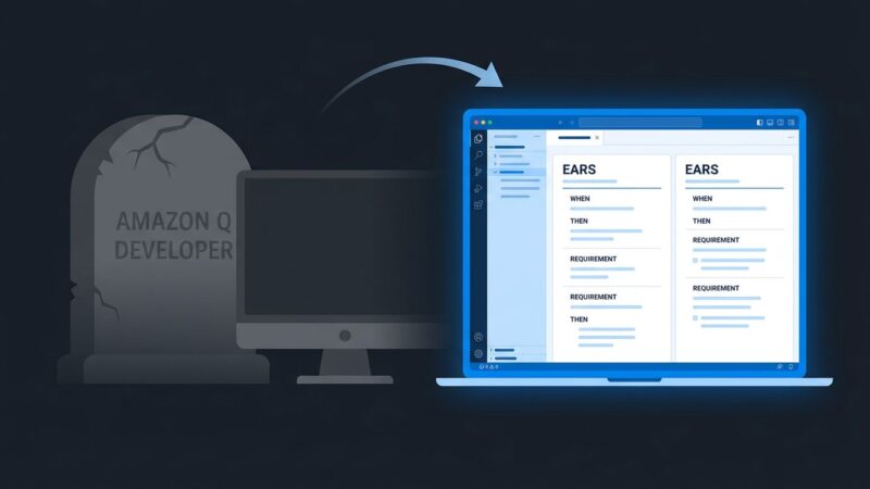 Split illustration showing Amazon Q Developer shutdown on the left and Kiro spec-driven IDE interface on the right with a migration arrow