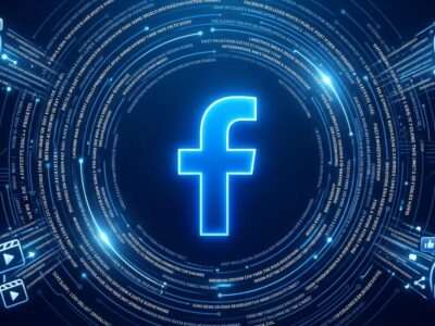 Blue Facebook F logo with AI data streams representing Meta AI Mode synthesizing social graph content
