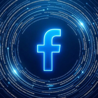 Blue Facebook F logo with AI data streams representing Meta AI Mode synthesizing social graph content