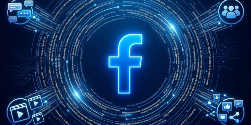 Blue Facebook F logo with AI data streams representing Meta AI Mode synthesizing social graph content