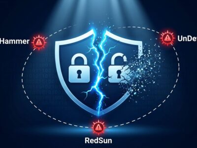 Cracked Windows security shield representing Microsoft Defender zero-day vulnerabilities BlueHammer, RedSun, and UnDefend