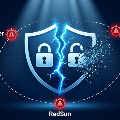 Cracked Windows security shield representing Microsoft Defender zero-day vulnerabilities BlueHammer, RedSun, and UnDefend