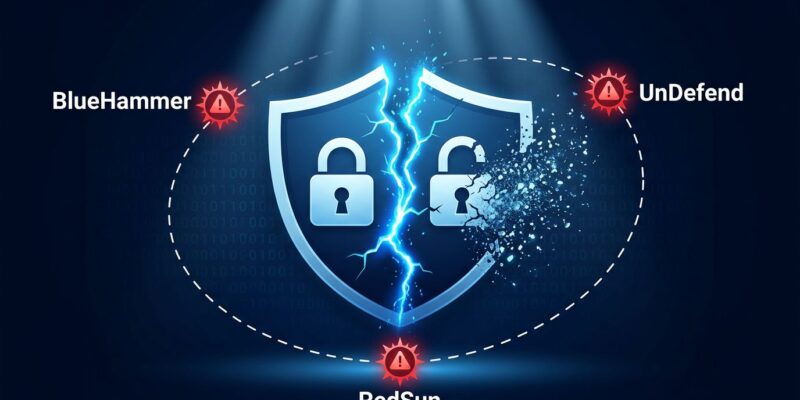 Cracked Windows security shield representing Microsoft Defender zero-day vulnerabilities BlueHammer, RedSun, and UnDefend