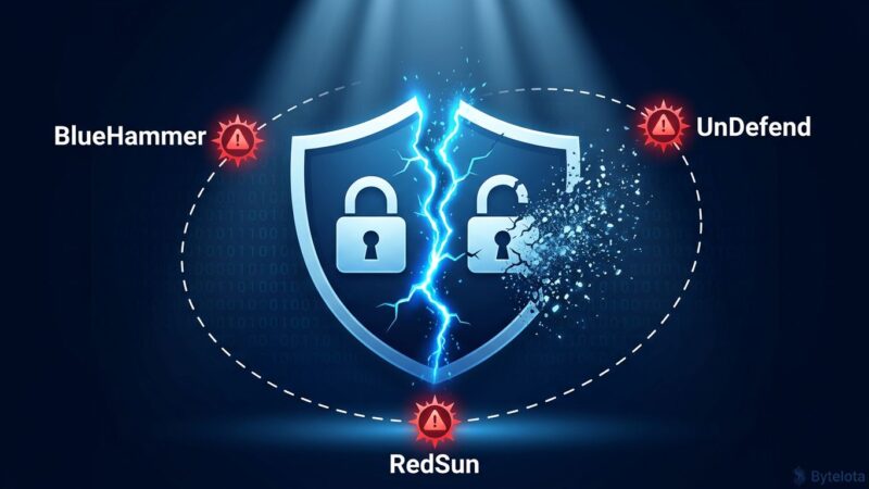 Cracked Windows security shield representing Microsoft Defender zero-day vulnerabilities BlueHammer, RedSun, and UnDefend
