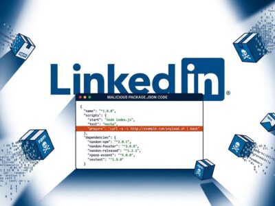 LinkedIn logo with malicious npm package.json prepare script backdoor attack visualization