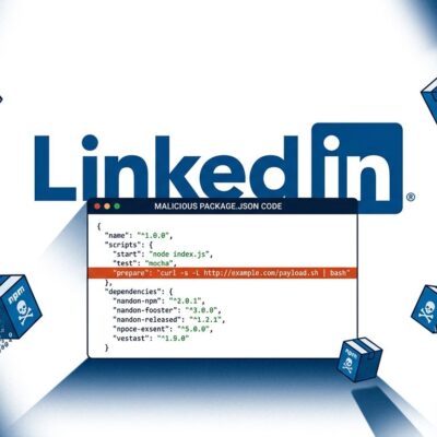 LinkedIn logo with malicious npm package.json prepare script backdoor attack visualization
