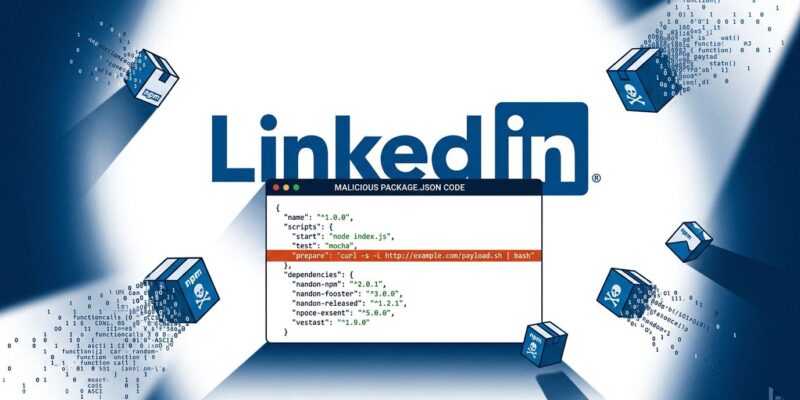 LinkedIn logo with malicious npm package.json prepare script backdoor attack visualization