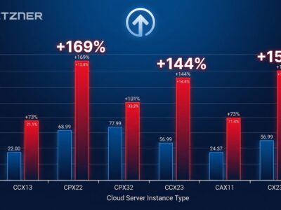 Bar chart showing Hetzner cloud server price increases in June 2026, with CCX and CPX series showing 144-173% increases