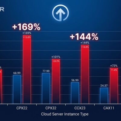 Bar chart showing Hetzner cloud server price increases in June 2026, with CCX and CPX series showing 144-173% increases
