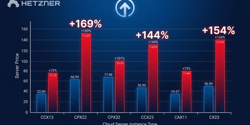 Bar chart showing Hetzner cloud server price increases in June 2026, with CCX and CPX series showing 144-173% increases