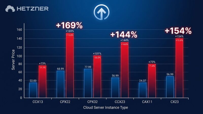 Bar chart showing Hetzner cloud server price increases in June 2026, with CCX and CPX series showing 144-173% increases