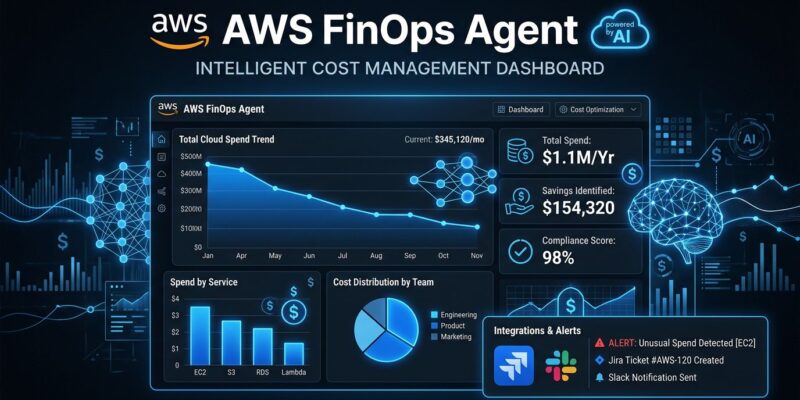 AWS FinOps Agent dashboard showing cloud cost analytics with AI-powered anomaly detection and Jira integration