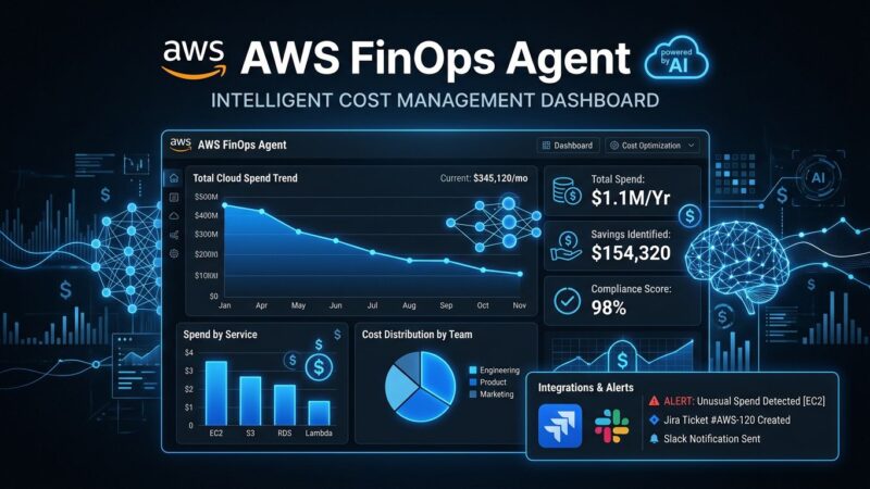 AWS FinOps Agent dashboard showing cloud cost analytics with AI-powered anomaly detection and Jira integration