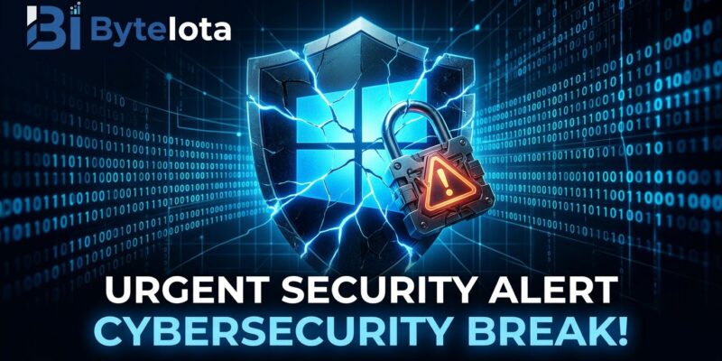 Windows shield cracked with warning symbols representing CVE-2026-45657 and CVE-2026-47291 wormable RCE vulnerabilities