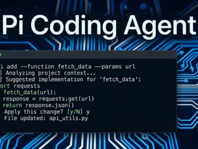Pi coding agent terminal interface showing minimal system prompt architecture with ByteIota blue circuit board design