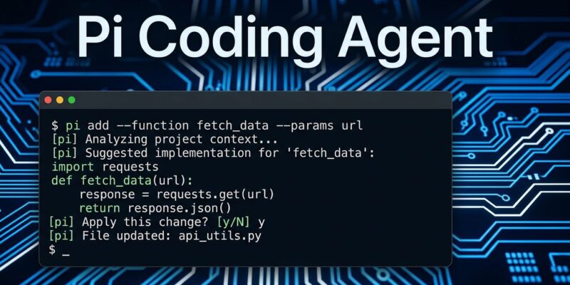Pi coding agent terminal interface showing minimal system prompt architecture with ByteIota blue circuit board design