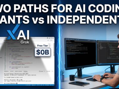 Split-screen comparison showing Cursor IDE under SpaceX xAI ownership versus independent AI coding tools Claude Code and Windsurf