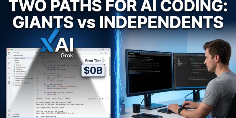 Split-screen comparison showing Cursor IDE under SpaceX xAI ownership versus independent AI coding tools Claude Code and Windsurf