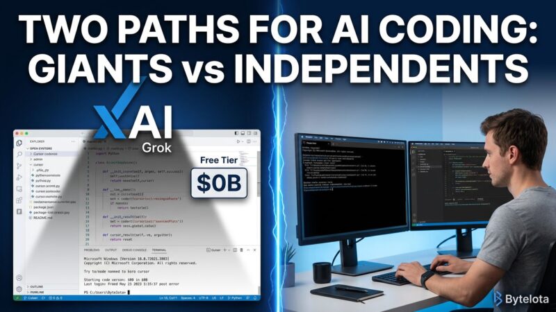 Split-screen comparison showing Cursor IDE under SpaceX xAI ownership versus independent AI coding tools Claude Code and Windsurf