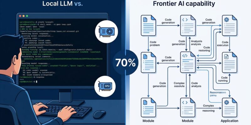 Split-screen comparison of local LLM terminal setup versus Claude multi-file reasoning interface