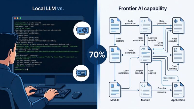 Split-screen comparison of local LLM terminal setup versus Claude multi-file reasoning interface