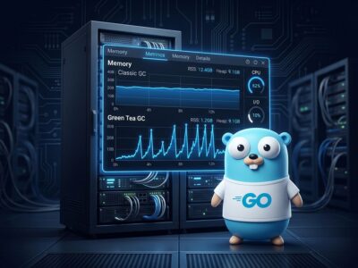 Go gopher mascot in front of a server metrics dashboard showing Green Tea GC memory RSS spike compared to classic GC