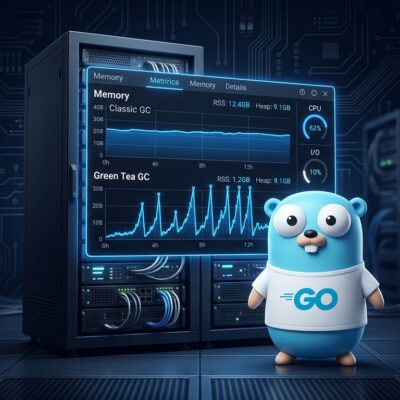 Go gopher mascot in front of a server metrics dashboard showing Green Tea GC memory RSS spike compared to classic GC