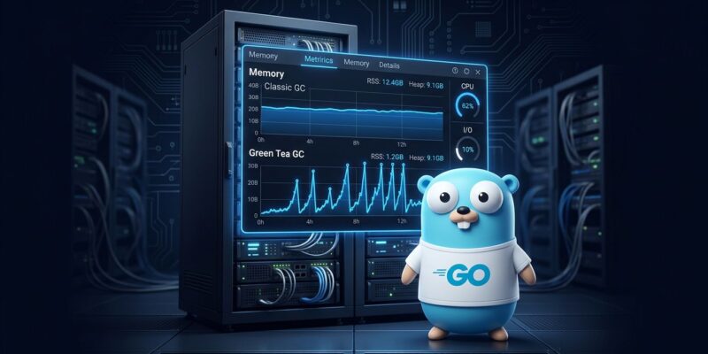 Go gopher mascot in front of a server metrics dashboard showing Green Tea GC memory RSS spike compared to classic GC