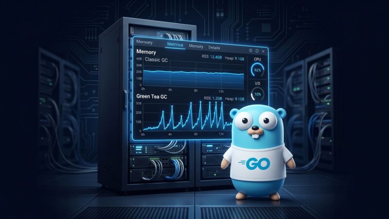 Go gopher mascot in front of a server metrics dashboard showing Green Tea GC memory RSS spike compared to classic GC
