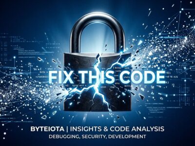 Cracked padlock with glowing FIX THIS CODE text fragments, representing the Fable 5 export ban triggered by a simple code fix prompt