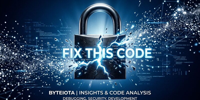Cracked padlock with glowing FIX THIS CODE text fragments, representing the Fable 5 export ban triggered by a simple code fix prompt