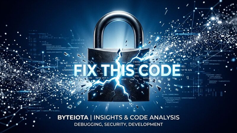 Cracked padlock with glowing FIX THIS CODE text fragments, representing the Fable 5 export ban triggered by a simple code fix prompt