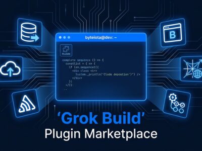 Grok Build Plugin Marketplace showing MongoDB, Vercel, Sentry, Chrome DevTools, Cloudflare integrations in terminal