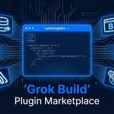 Grok Build Plugin Marketplace showing MongoDB, Vercel, Sentry, Chrome DevTools, Cloudflare integrations in terminal