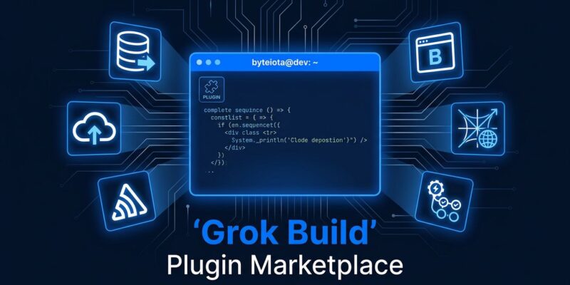 Grok Build Plugin Marketplace showing MongoDB, Vercel, Sentry, Chrome DevTools, Cloudflare integrations in terminal