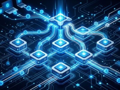 Abstract visualization of stateless MCP protocol architecture with interconnected server nodes and blue data streams