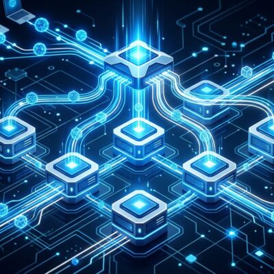 Abstract visualization of stateless MCP protocol architecture with interconnected server nodes and blue data streams