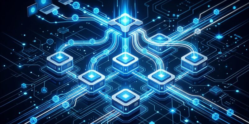 Abstract visualization of stateless MCP protocol architecture with interconnected server nodes and blue data streams